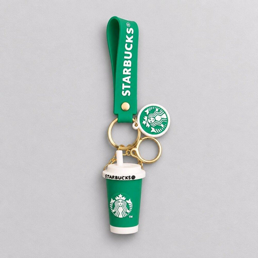 Starbucks Green Silicone Keychain with Coffee Cup and Logo Charms